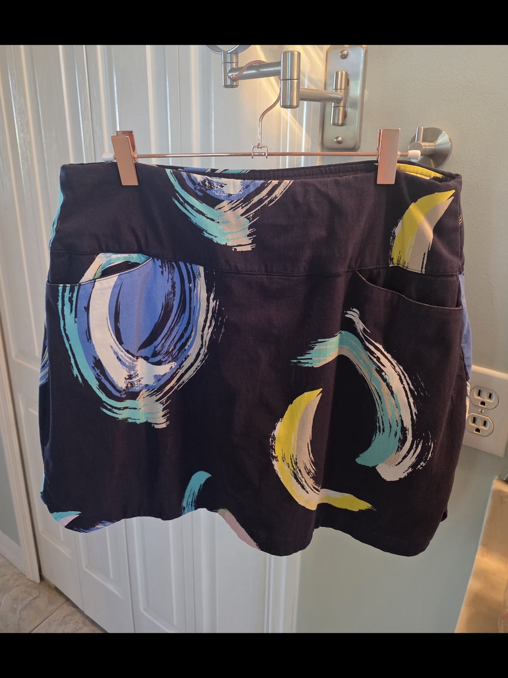 Lady Hagen Navy Mini Skirt with Teal, Blue & Yellow Brushstrokes